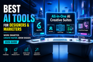 AI tools dashboard for designers and marketers showing logo maker, UI UX design, and social media creato